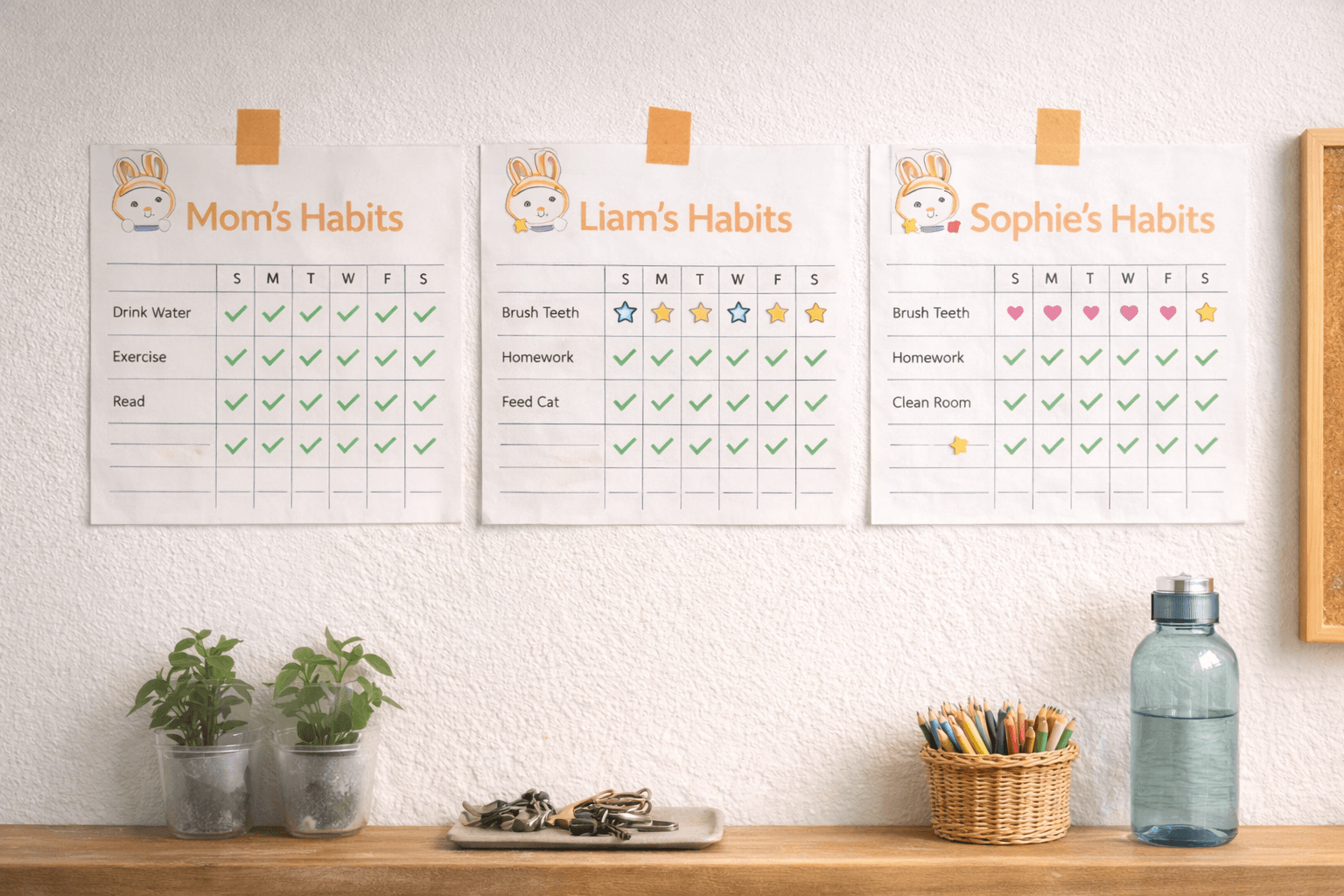 Habit calendars taped to a wall