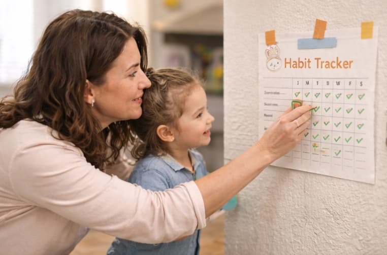 Mom and daughter checking off habits together