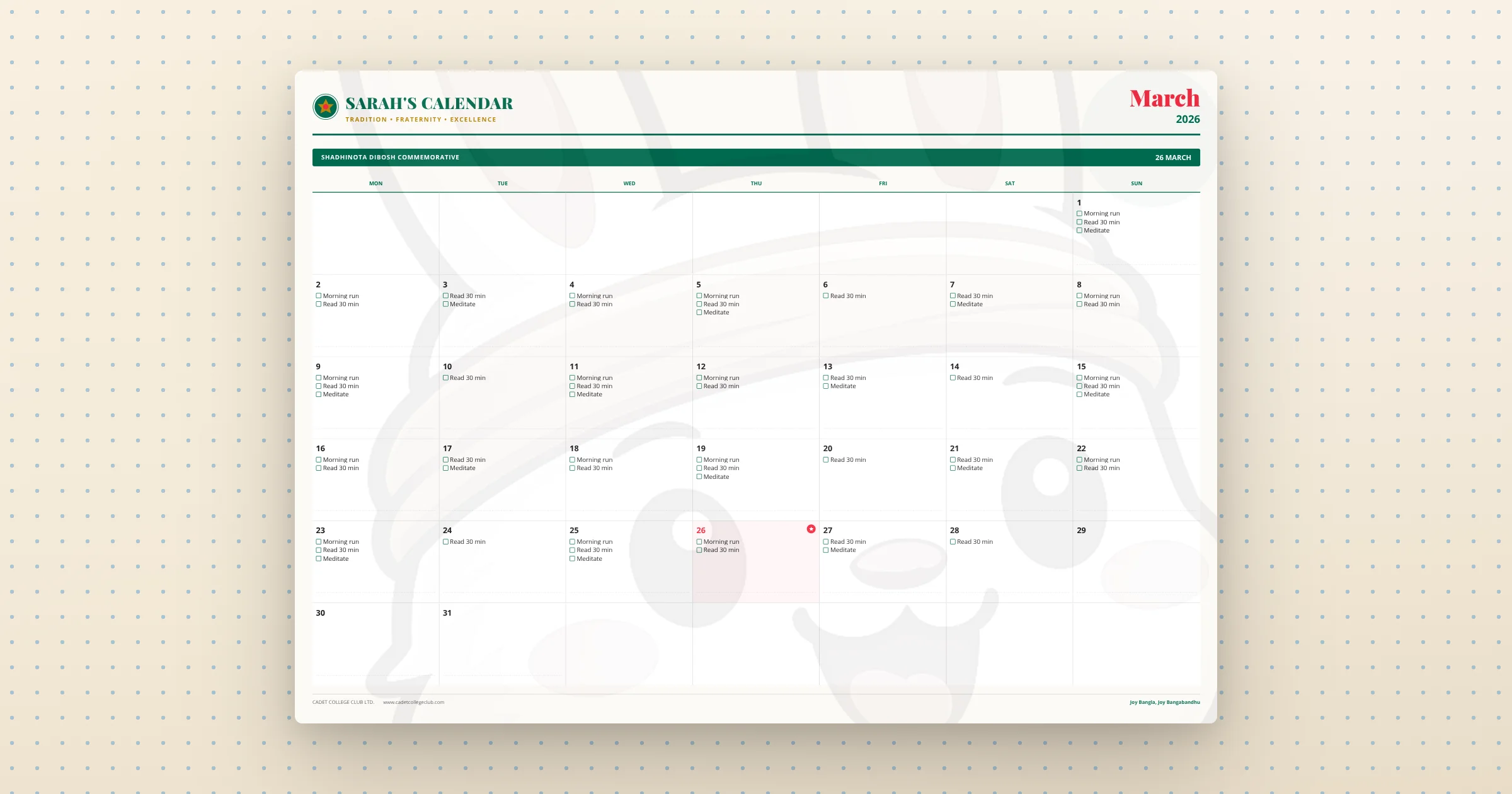 2026 Cadet College Heritage Calendar — printable monthly calendar PDF, A2 landscape