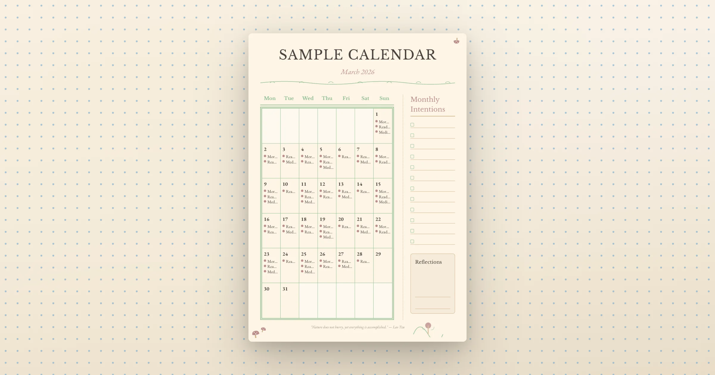 2026 Folksy Cottagecore Botanical Calendar — printable monthly calendar PDF, A4 portrait