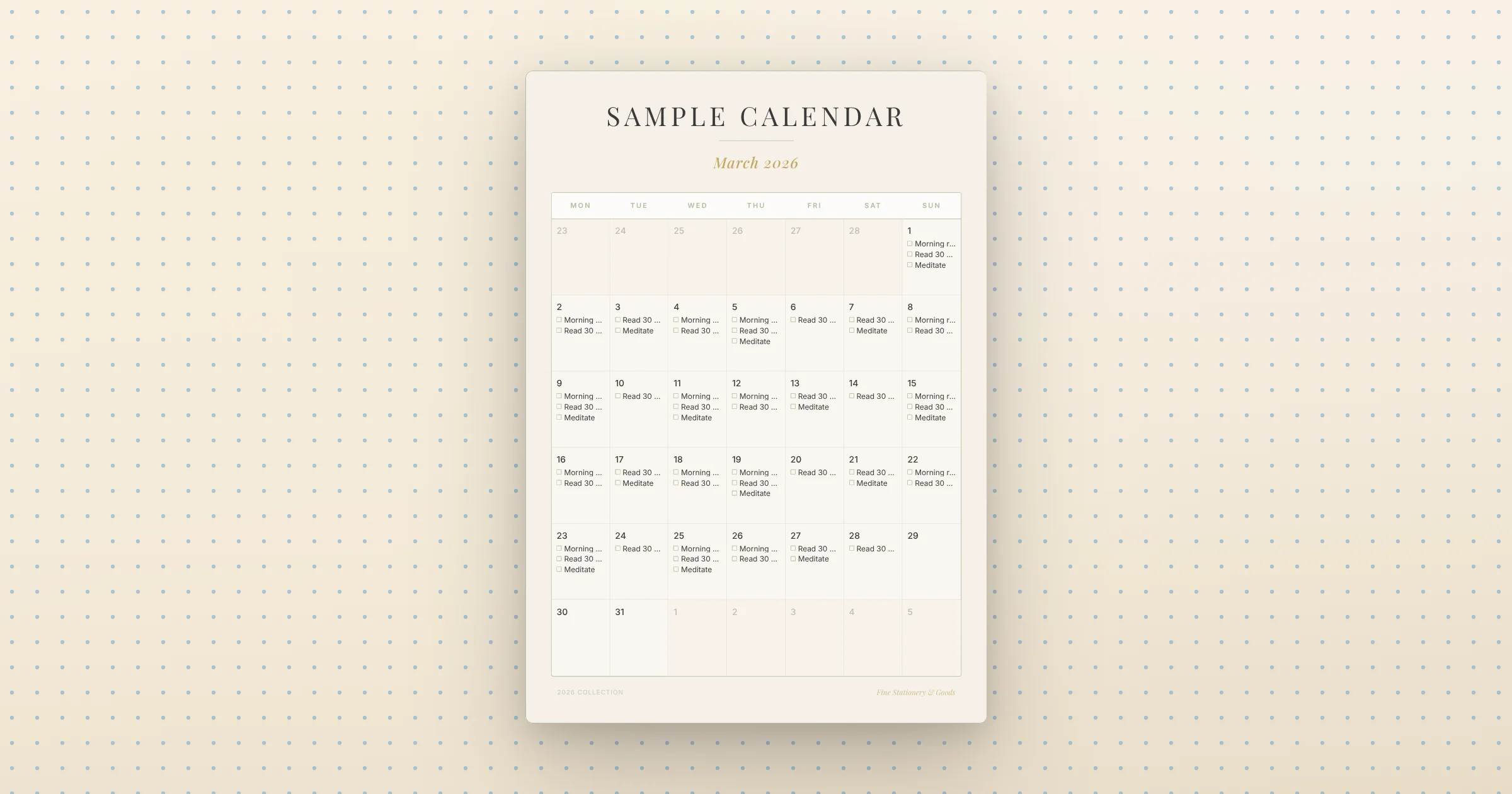 2026 Sage Editorial Monthly Calendar — printable monthly calendar PDF, A4 portrait