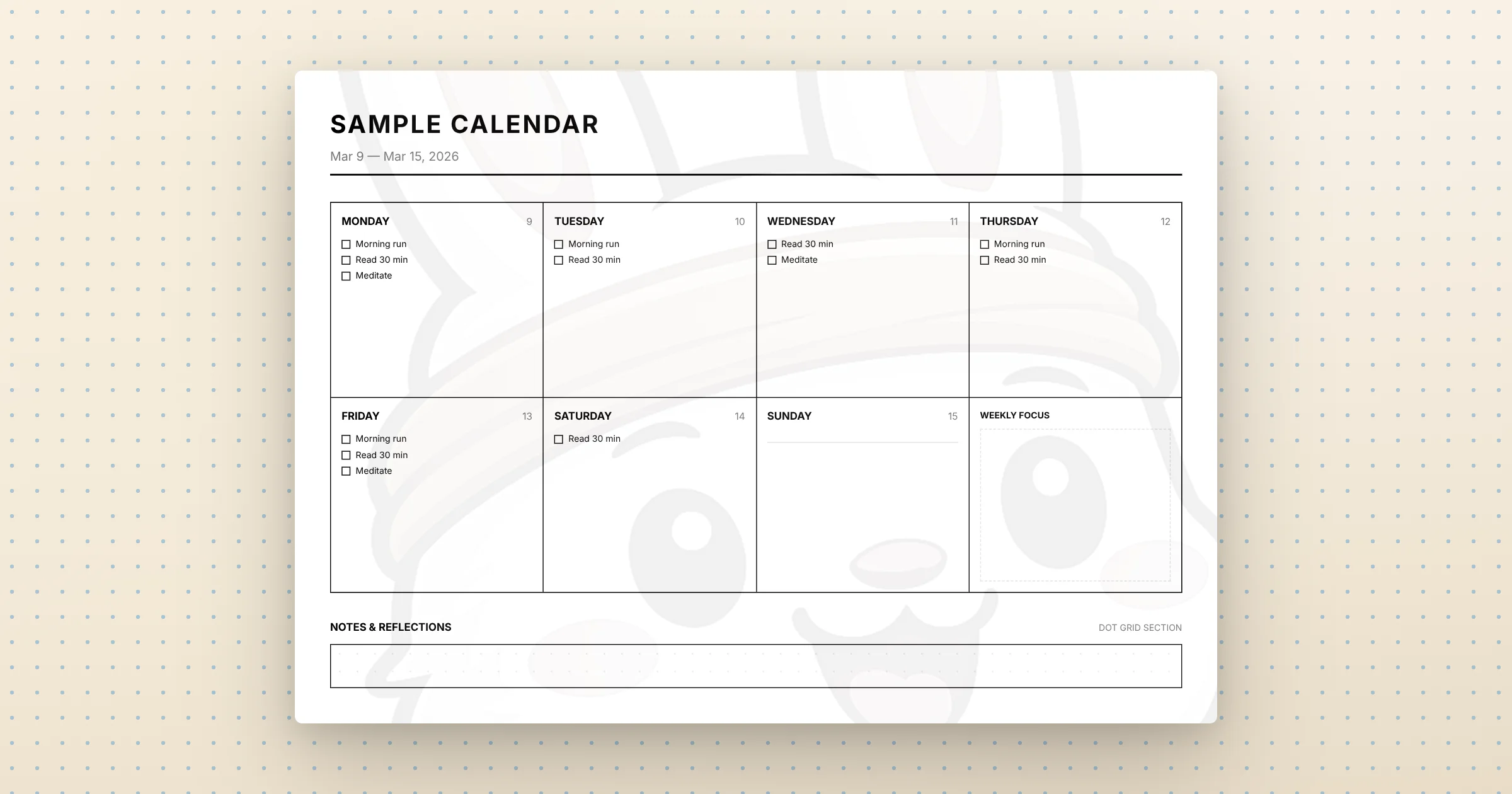 Essential Weekly Focus Tracker — printable weekly calendar PDF, A4 landscape