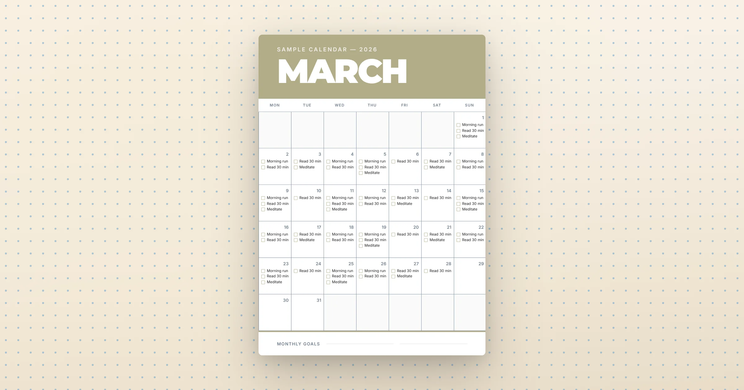 2026 Split Block Horizon Monthly — printable monthly calendar PDF, A4 portrait