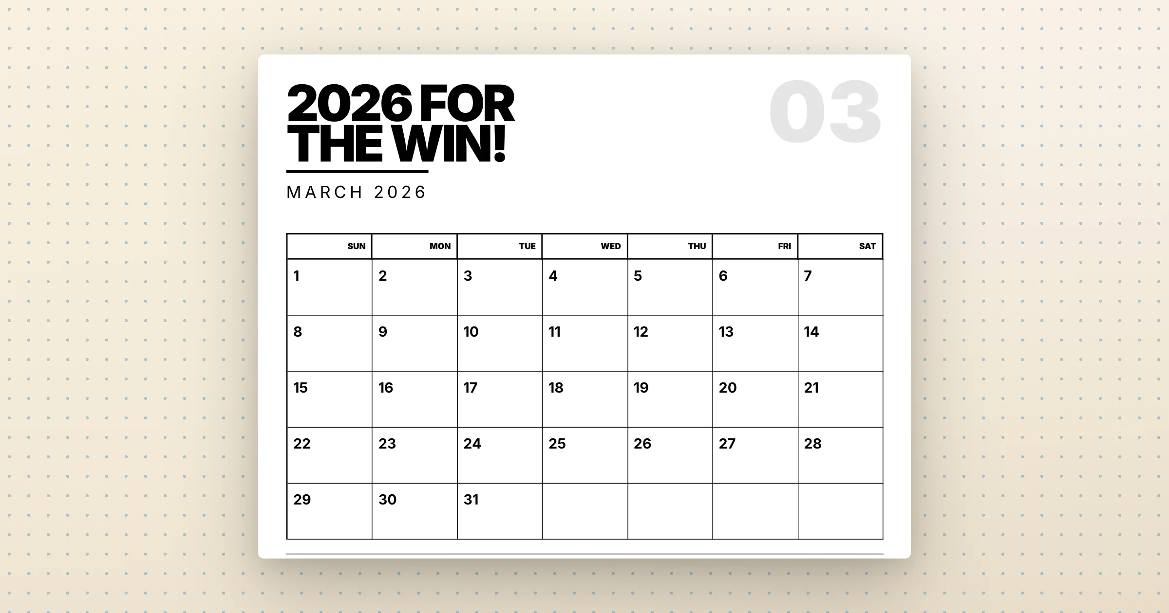 Swiss Bold Performance Monthly — printable monthly calendar PDF, LETTER landscape